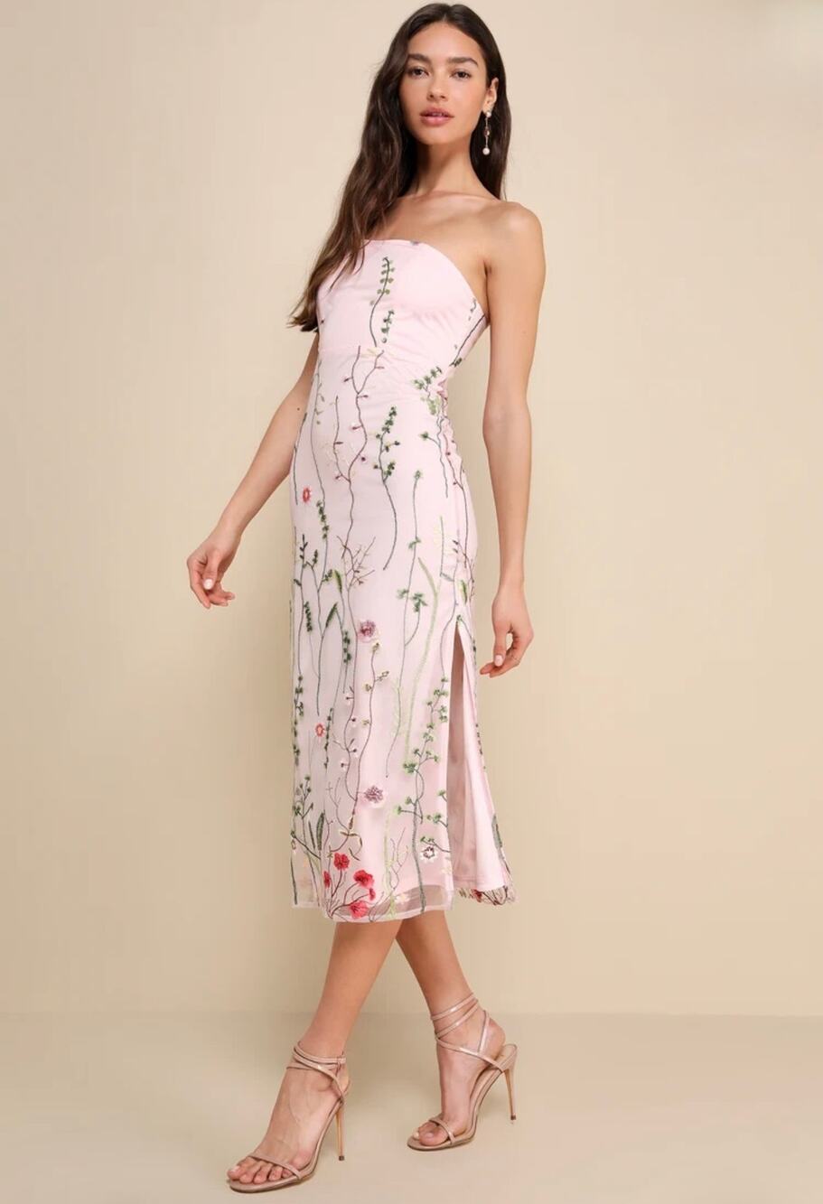 NWT Lulus Bold Botanicals Mesh Floral Embroidered Strapless Midi Dress Women's M